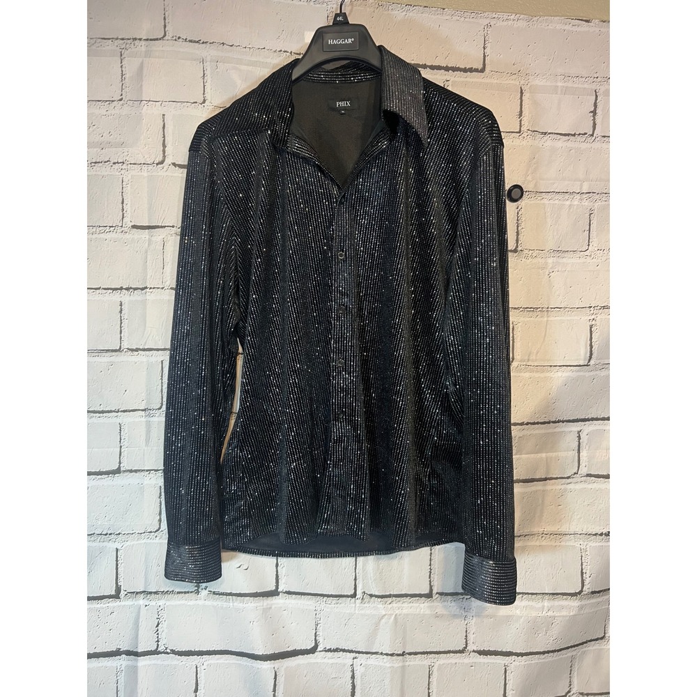 London Mens Black Silver Glitter Pinstripe Button Down Shirt XL Retro Glam